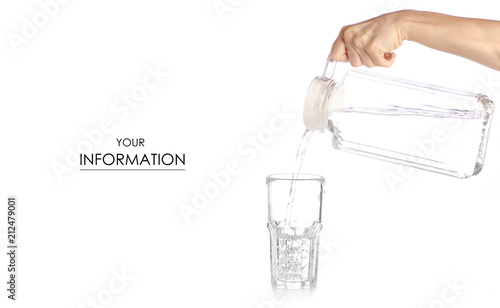 A glass of water a decanter jug with water in hand pattern on a white background isolation