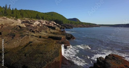 Aerial view over a rocky coastline near Acadia National Park, Maine 