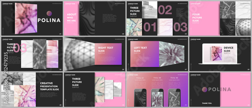 Minimal presentations design, portfolio vector templates with elements on black background. Multipurpose template for presentation slide, flyer leaflet, brochure cover, report, marketing, advertising.