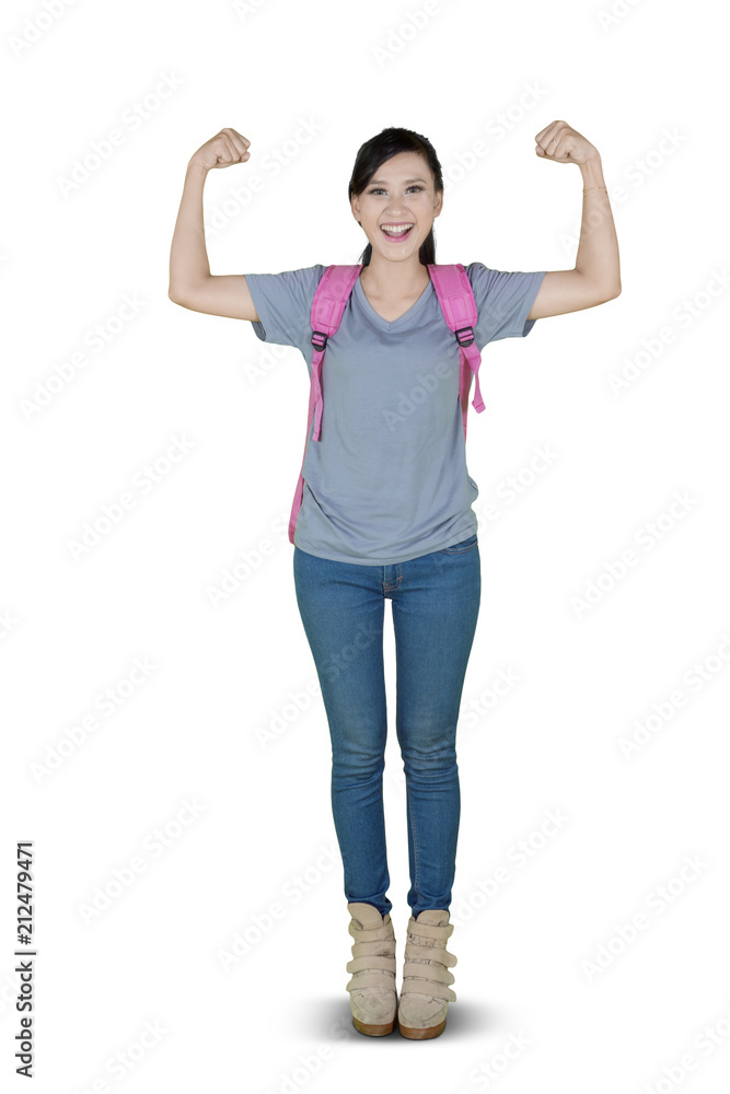 Caucasian student gesturing strong hands on studio Caucasian student gesturing strong hands on studio