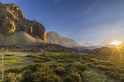 Andes valleys inside central Chile at Cajon del Maipo, Santiago de Chile, amazing views over mountains and glaciers photo