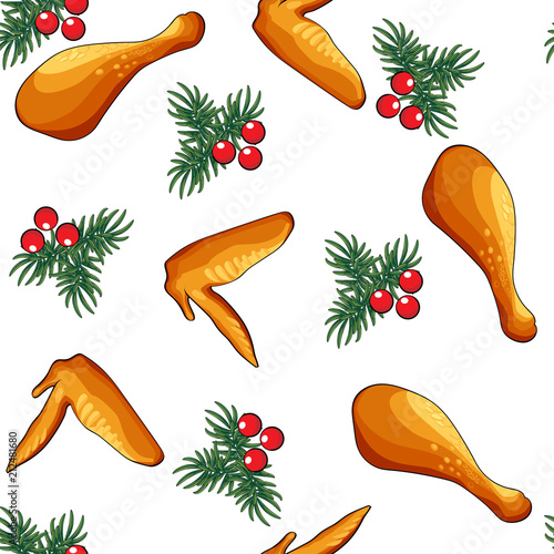Turkey chicken, greens and red berries. Seamless pattern for packing, Thanksgiving and bars, cafe. Chicken grilled. Fried wings. Vector illustration.