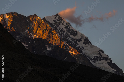 Sunset at Andes mountains inside central Chile at Cajon del Maipo, Santiago de Chile, amazing views over mountain summits and glaciers