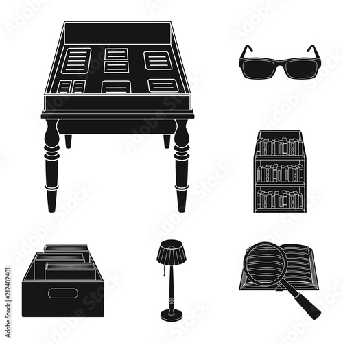 Library and bookstore black icons in set collection for design. Books and furnishings vector symbol stock web illustration.