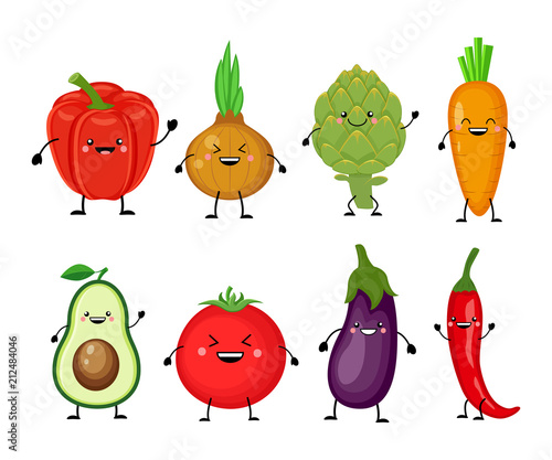 Funny cartoon set of different vegetables. Smiling bell pepper, 