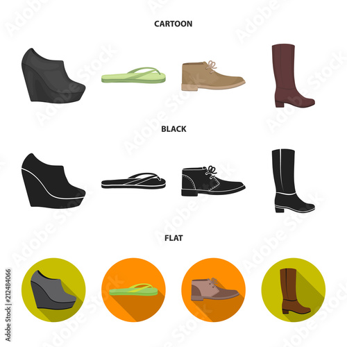 Autumn black shoes on a high platform, flip-flops green for relaxation, sandy men autumn shoes, high brown boots. Shoes set collection icons in cartoon,black,flat style vector symbol stock