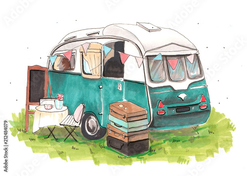 Hand drawn aquarelle colorful illustration. Watercolor artwork. Summer, travel trailer on camping parking. Vintage and old school. Hipster tourist on nature. Easel, table, chair, suitcases on grass.