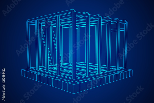 Abstract architecture building. Plan of modern framing house. Wireframe low poly mesh construction.