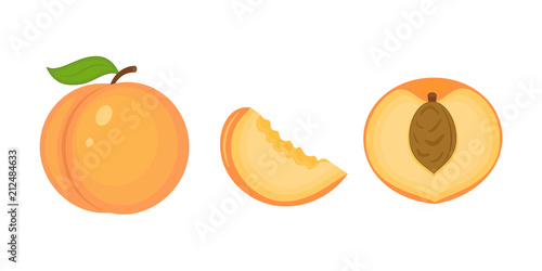 Guicy peach fruit whith green  leaf, half and peach slice vector