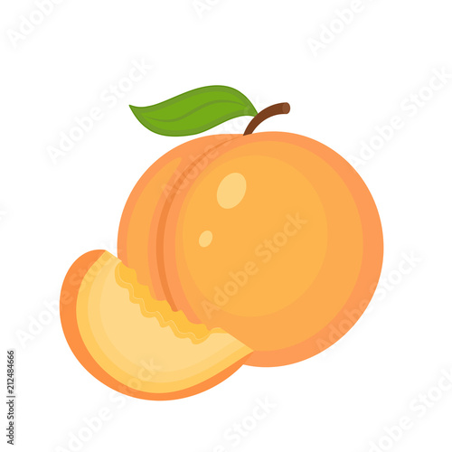 Guicy peach fruit whith green  leaf and peach slice vector illus