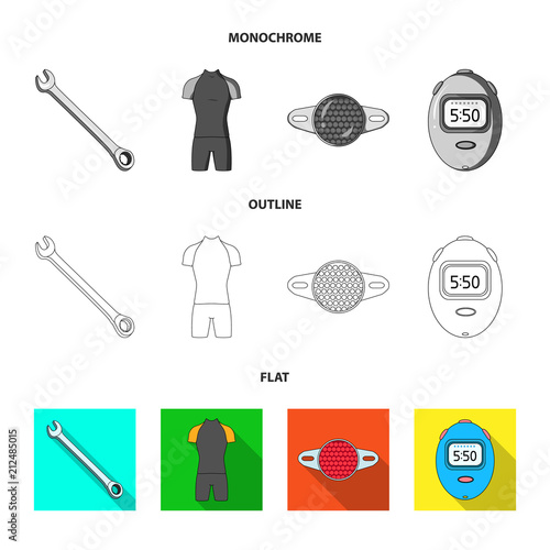 A wrench, a bicyclist bone, a reflector, a timer.Cyclist outfit set collection icons in flat,outline,monochrome style vector symbol stock illustration web. photo