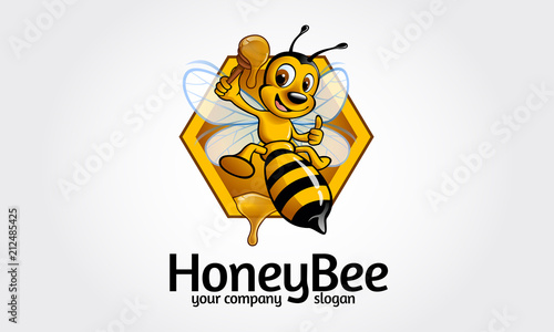 Honey Bee Logo Cartoon Character. Vector happy cartoon bee flying with a delicious honey. Vector logo illustration.