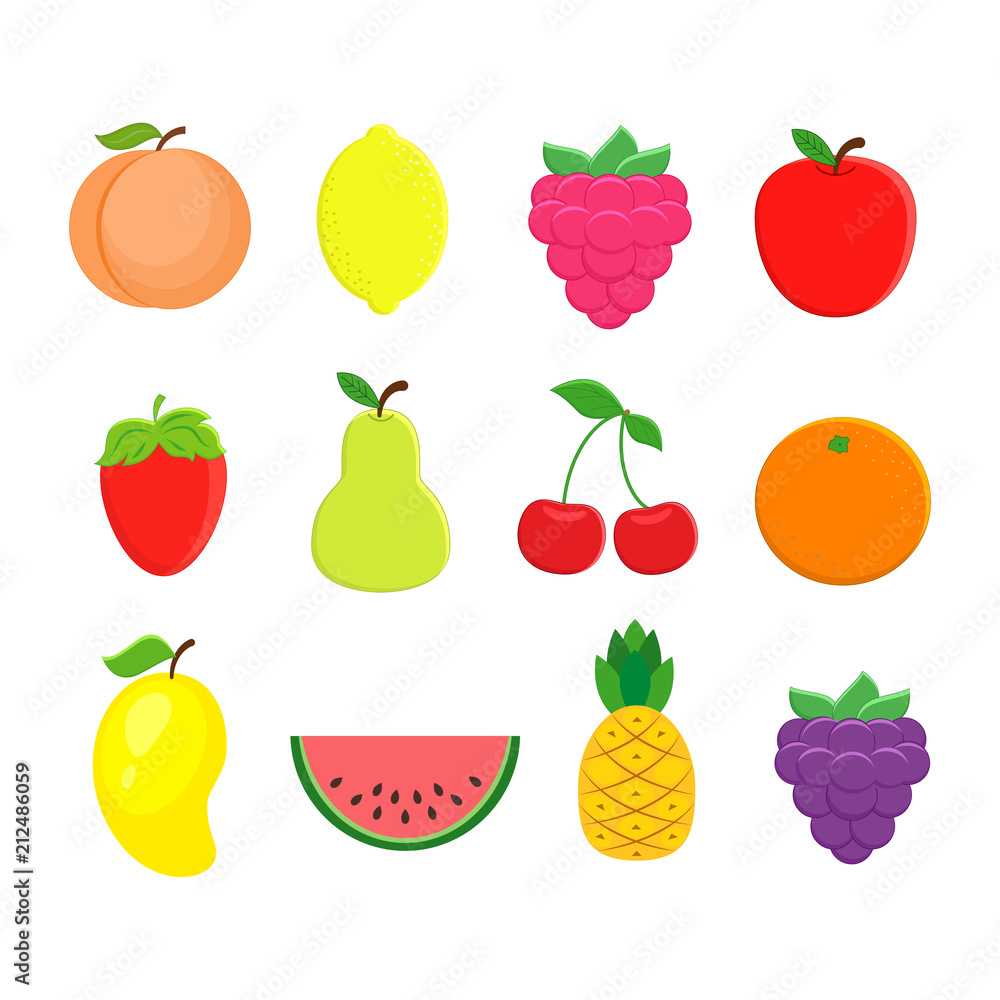 Set of different fruits in flat style. Peach, lemon, mango, wate Set of different fruits in flat style. Peach, lemon, mango, wate