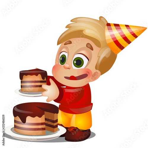 A little happy animated boy eating a piece of cake on birthday isolated on white background. Vector cartoon close-up illustration.