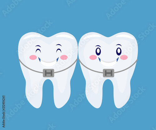 two funny cartoon thooths with the braces system.Vector illustra