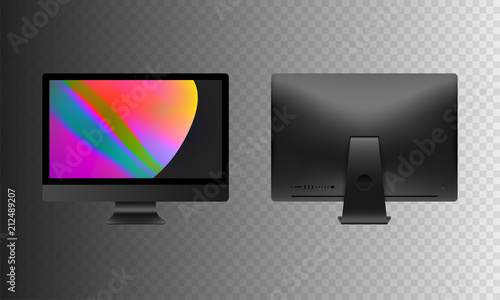 Stock vector illustration realistic set personal professional desktop computer. Modern flat screen monitor. Back side computer display isolated on a transparent background. Wallpapers on the screen