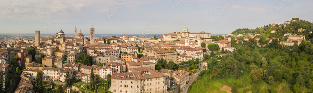 Drone aerial view of Bergamo - Old city. One of the beautiful town in Italy. Landscape to the city center and its historical buildings