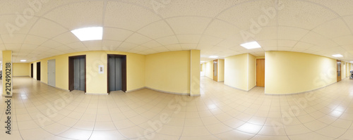 Spherical 360 degrees panorama projection, panorama in interior empty long corridor with doors and entrances to different rooms and lift.
