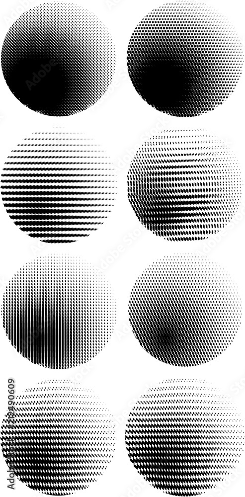 Set of halftone background. Isolated vector abstract  gradient, circle, design,  illustration, round, white and black, element, sphere, fitting figure, pentagon.