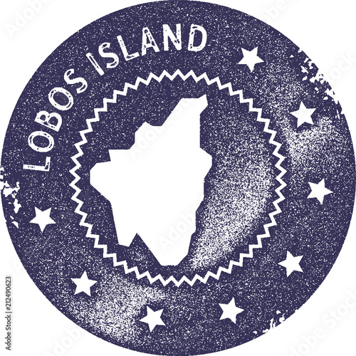 Lobos Island map vintage stamp. Retro style handmade label, badge or element for travel souvenirs. Deep purple rubber stamp with island map silhouette. Vector illustration.