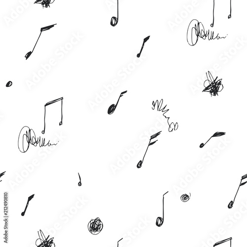 Vector seamless pattern with notes isolated on white. Abstract texture with musical hand drawn symbols. Simple background with funny signs