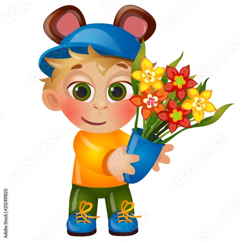 A little happy animated boy with eared hat holding a bouquet of blooming flowers isolated on white background. Vector cartoon close-up illustration.