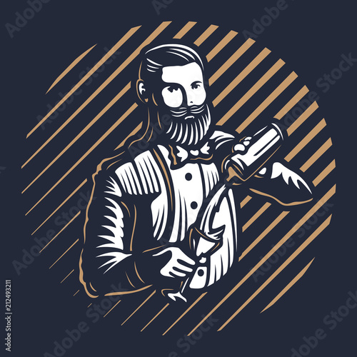 Bearded barmen, barkeeper or bartender in work silhouette with shaker logo design on black background - Hand drawn man with beard and mustache vector illustration. Gold and white vintage emblem design