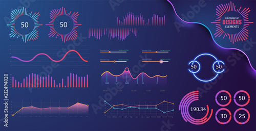 Technology graphics and diagram with options and workflow charts. Vector presentation infographic elements. Digital screen graphic and virtual interface diagram illustration
