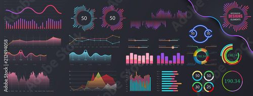 Infographic dashboard template with flat design graphs and pie charts. Information Graphics elements for UI UX design. Web elements in moden style.