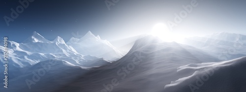 Sunrise in the mountains. Mountain sunset. The mountains are in a fog.  3D rendering   © ustas