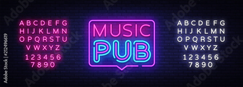 Music Pub neon sign vector. Live Music design template neon sign, light banner, neon signboard, nightly bright advertising, light inscription. Vector illustration. Editing text neon sign