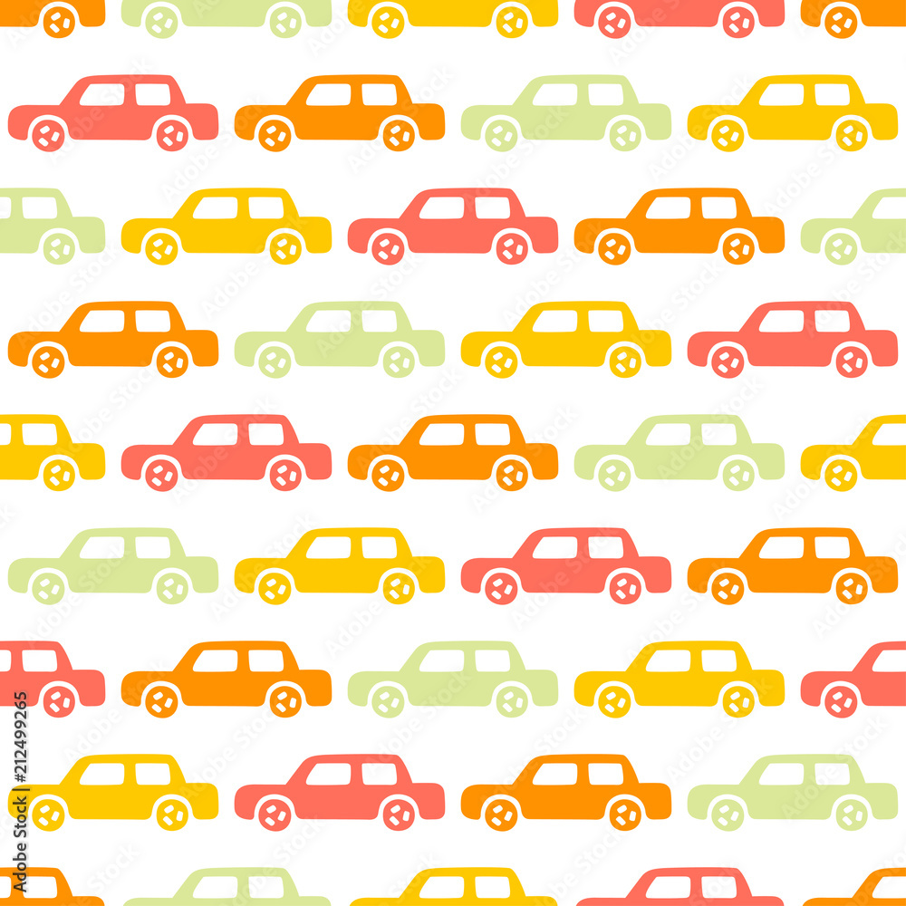 Doodle cars background. Seamless baby boy pattern in vector. Texture for wallpaper, fills, web page background.