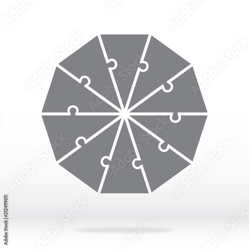 Simple icon decagon puzzle in gray. Simple icon decagon puzzle of the ten elements on transparent background. Flat design. Vector illustration EPS10.