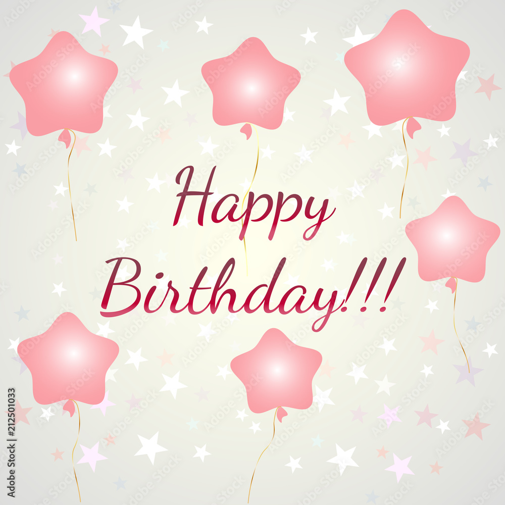 Happy birthday card on a beige background with stars with balloons