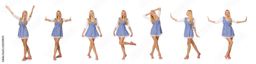 Caucasian woman in plaid blue dress isolated on white Caucasian woman in plaid blue dress isolated on white