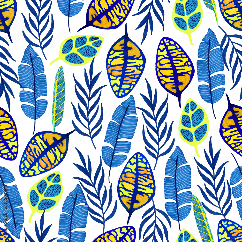 Fototapeta premium Seamless pattern with tropical leaves. Gouache art