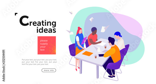 teamwork, a group of young entrepreneurs  or businessmen sit at a table and create new ideas  for a start-up, communicate among themselves in the areas of marketing,  design and advertising, vector fl