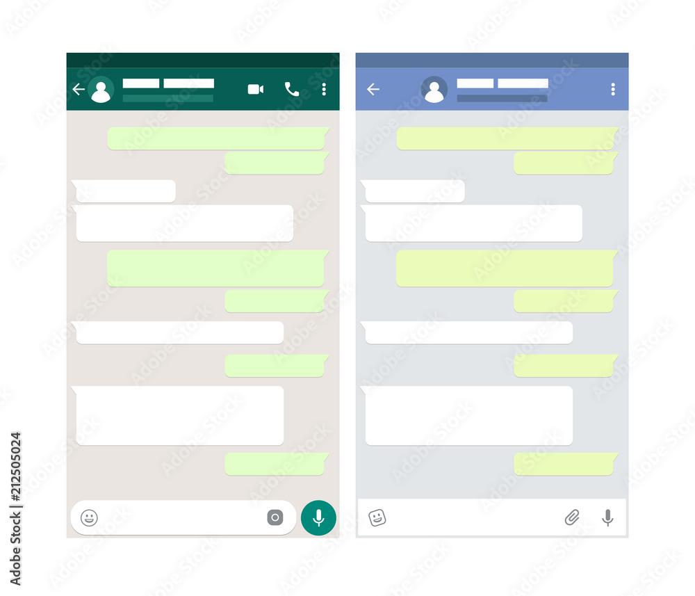 Two mobile messenger mockups. Chat app template. Modern design. Vector illustration. Two mobile messenger mockups. Chat app template. Modern design. Vector illustration.