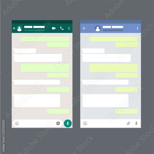 Two mobile messenger mockups. Chat app template. Modern design. Vector illustration.