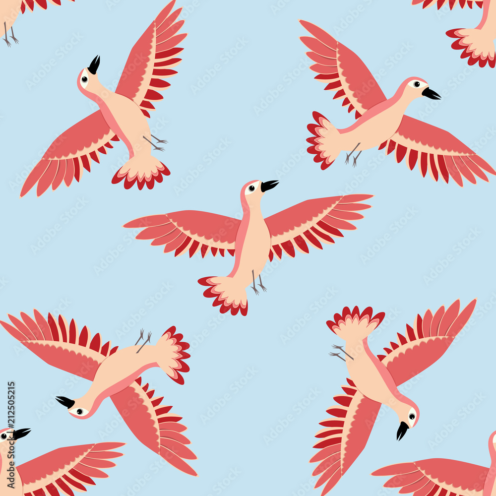 Bird pattern. Seamless texture of birds. Red bird pattern. Isolated on a blue background. Bird pattern. Seamless texture of birds. Red bird pattern. Isolated on a blue background.
