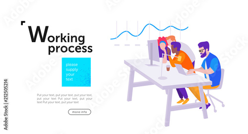 Workflow, office open space, a group of people managers sit at computers and enthusiastically discuss the increase in sales on the chart, vector flat illustration