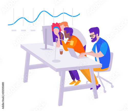 Workflow, office open space, a group of people managers sit at computers and enthusiastically discuss the increase in sales on the chart, vector flat illustration