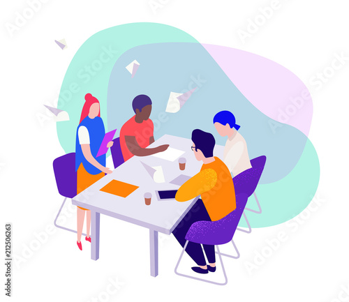 teamwork, a group of young entrepreneurs  or businessmen sit at a table and create new ideas  for a start-up, communicate among themselves in the areas of marketing,  design and advertising, vector fl