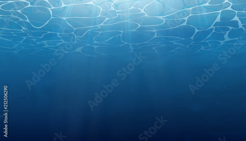 Summer. Texture of water surface. Underwater background with wave lights, bubbles of air, rays of sunshine. Blue deep underwater surface and ripples, natural scene in the sea. Waves effects.