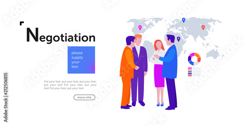 Meeting of directors and managers on the background of a map with labels and a diagram, discussion of the results of work and summing up, vector flat illustration