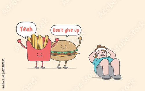 Sit-up exercise for weight loss (junk food & fat woman character) illustration vector on yellow background. Exercise concept.
