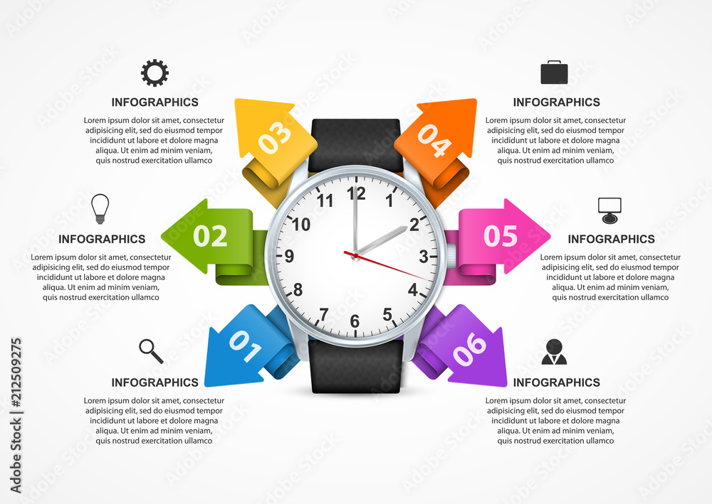 Infographic template with clock. Can be used for business presentations, information banner, visualization idea, timeline or web design. Infographic template with clock. Can be used for business presentations, information banner, visualization idea, timeline or web design.
