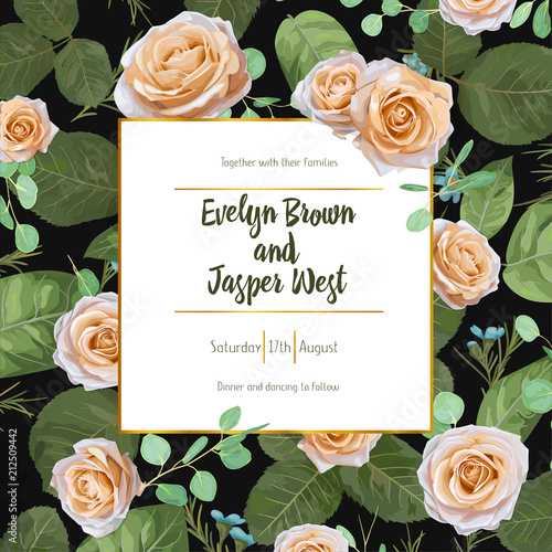 floral wedding invitation, greeting card, save date, romantic greeting card. Vector of cream roses with eucalyptus sprigs and blue wax flowers with a square gold frame