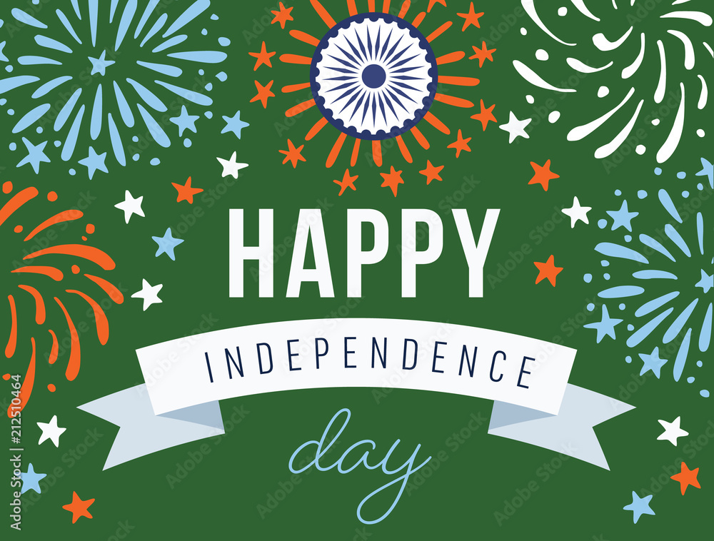 Happy Independence day, 15th August national holiday. Festive greeting card, invitation with fireworks, sparkling stars and ribbon decoration in orange and green Indian flag colors. Vector.