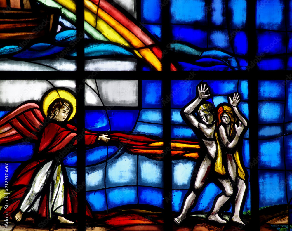Adam and Eve expelled form paradise (stained glass)